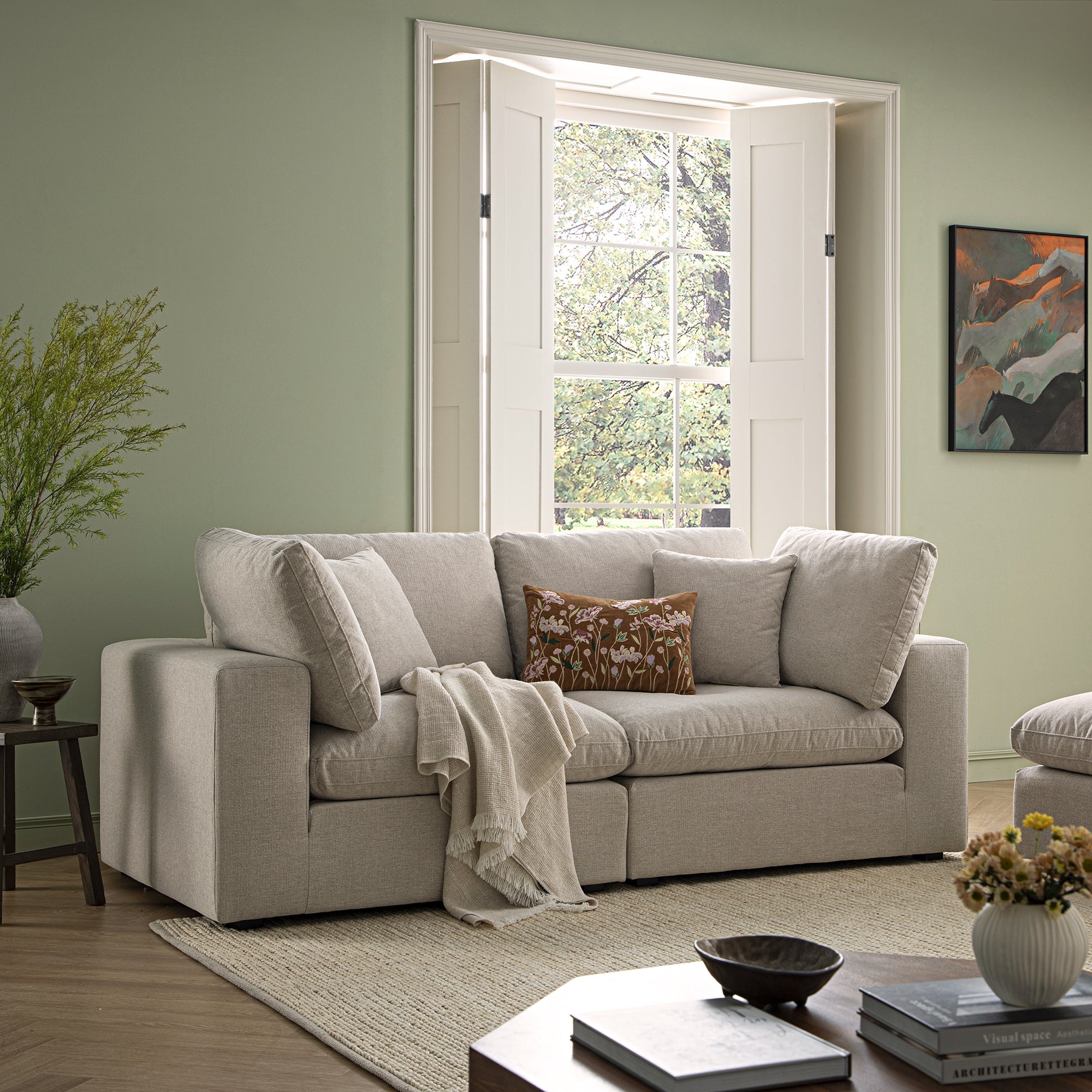 Lutyens Oatmeal Weave Fabric Sectional Sofa, 2-Piece