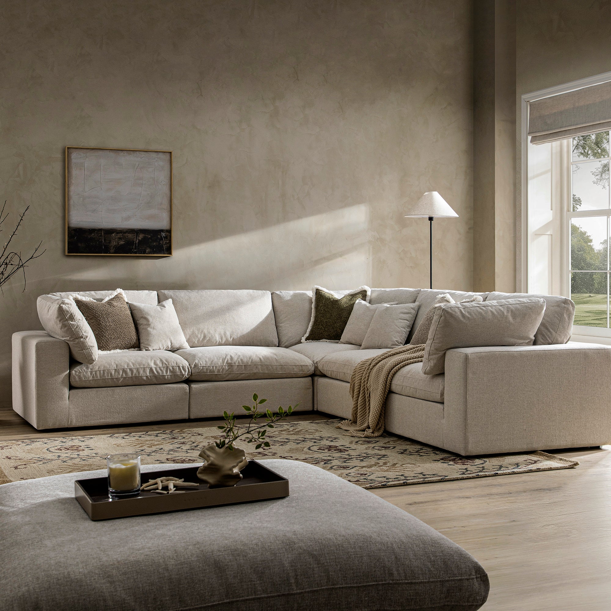 Lutyens Oatmeal Weave Fabric Blend Sectional Sofa, 5-Piece Corner Set