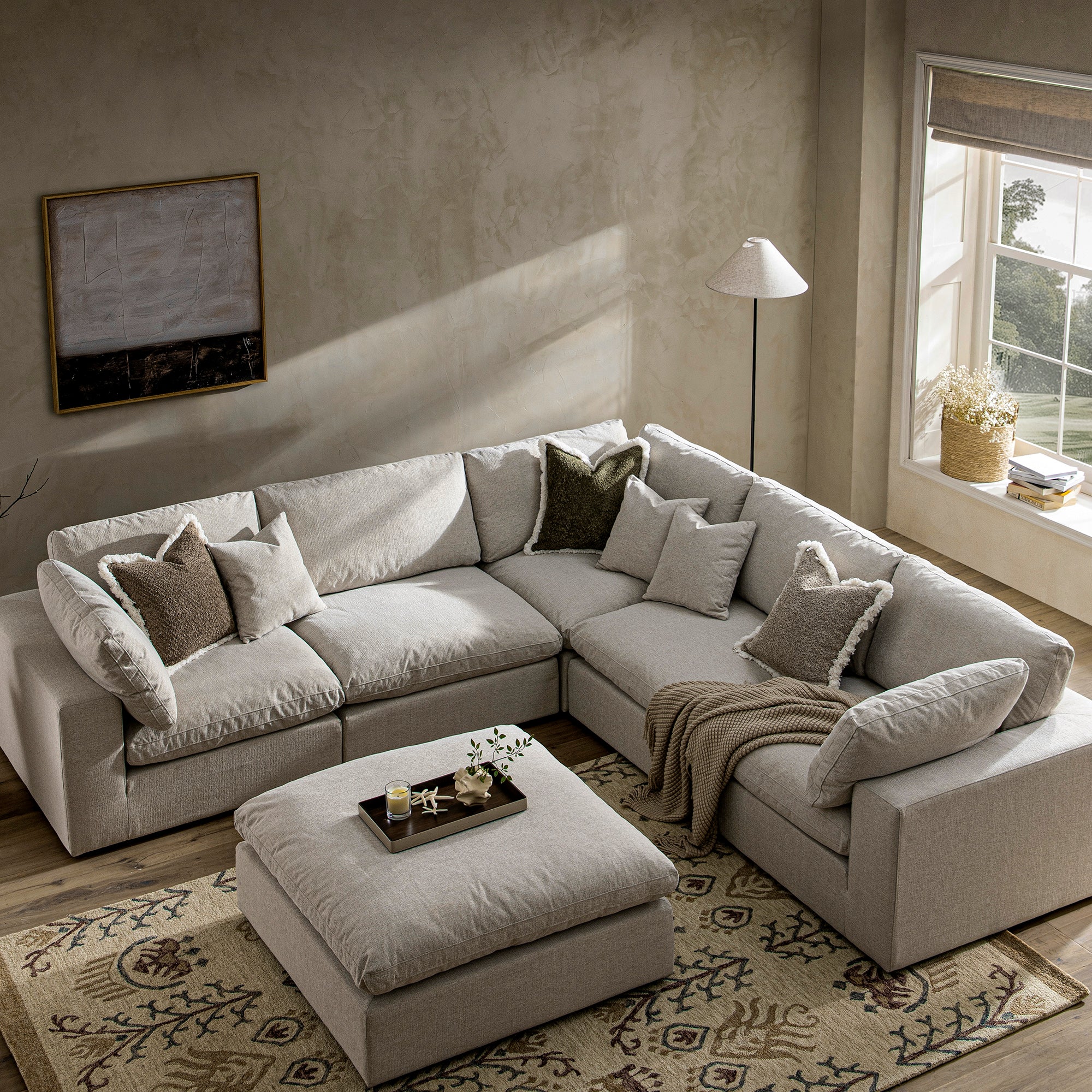 Lutyens Oatmeal Weave Fabric Blend Sectional Sofa, 5-Piece Corner Set - Image 3